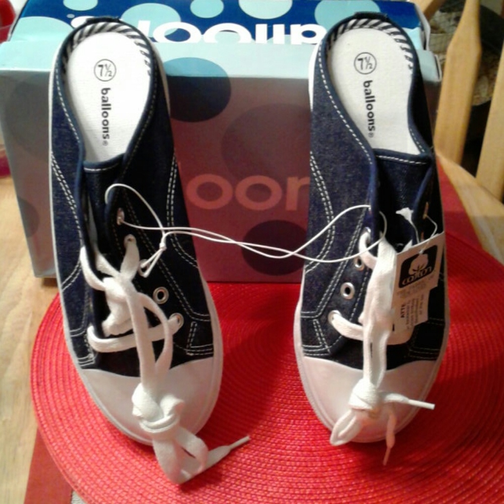 NWT Vintage 80's Open Back, Lace Up, Blue & White, Denim Canvas Slides/Mules